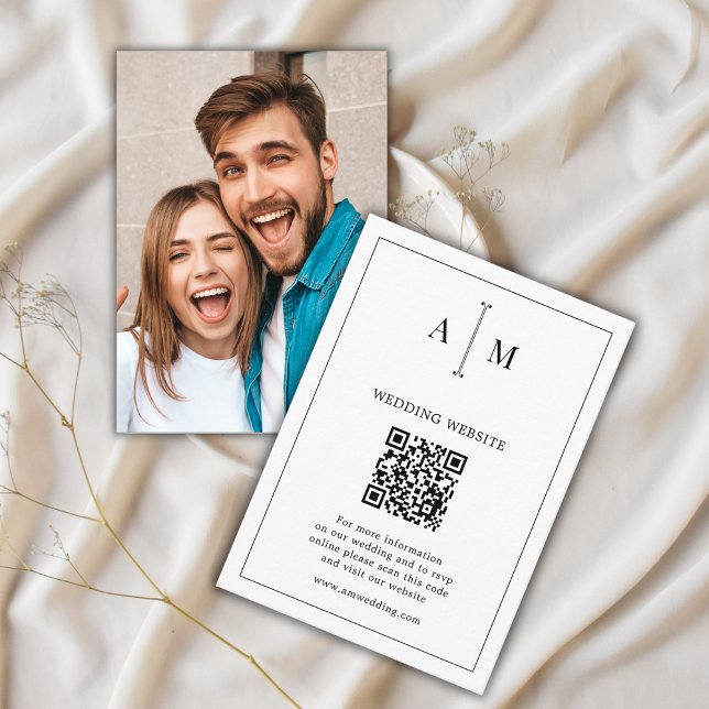 Black White Monogram Photo QR Code Wedding RSVP Enclosure Card (Creator Uploaded)