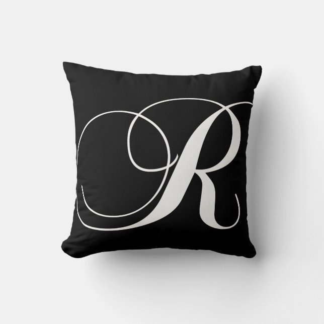 Black White Monogram R Designer Monogrammed Pillow (Front)