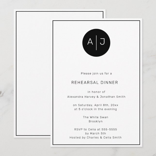 Black & White Monogram Rehearsal Dinner Invitation (Front/Back)