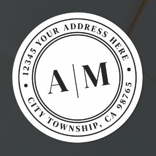 Black White Monogram Return Address Classic Round Sticker