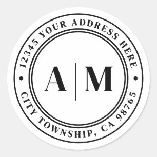 Black White Monogram Return Address Classic Round Sticker