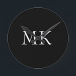 Black White Monogram  Round Clock<br><div class="desc">Modern Black White Monogram Suitcases. Beautiful design featuring white double initial monogram text on black. Personalise with your own text. Would make an excellent gift for birthdays,  holidays,  graduations,  promotions,  any special occasion,  or everyday.</div>