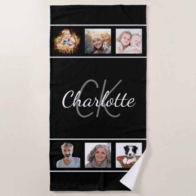 Black white monogram script photo collage beach towel (Front)