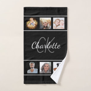 Black white monogram script photo collage hand towel