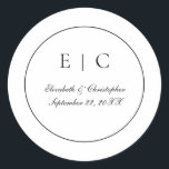 Black White Monogram Script Traditional Wedding  Classic Round Sticker<br><div class="desc">Monogram this traditional black and white script font wedding sticker with your initials,  your names and your wedding date.</div>