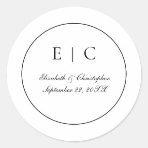Black White Monogram Script Traditional Wedding  Classic Round Sticker