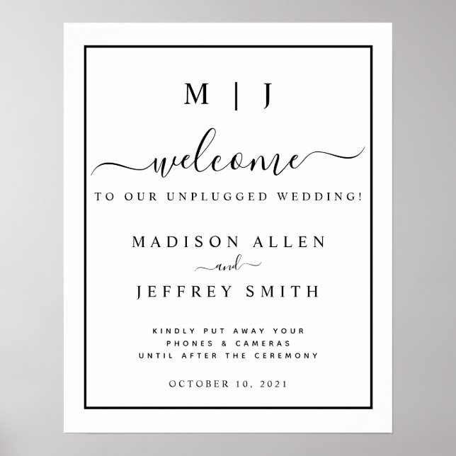 Black White Monogram Unplugged Wedding Sign (Front)