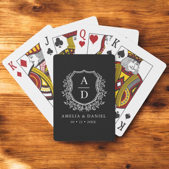 Black White Monogram Wedding Floral Crest Playing Cards (Creator Uploaded)