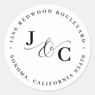Black & White Monogram Wedding Return Address Classic Round Sticker