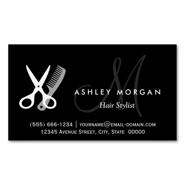 Black White Monogrammed - Hair Salon Hairstylist Magnetic Business Card (Front)