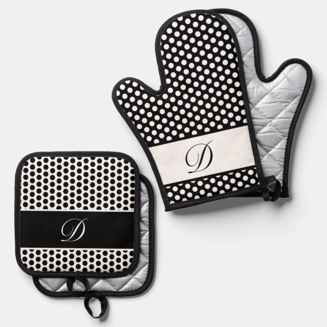 Black & White Monogrammed Polka-Dot  Oven Mitt & Pot Holder Set (Front/Back)