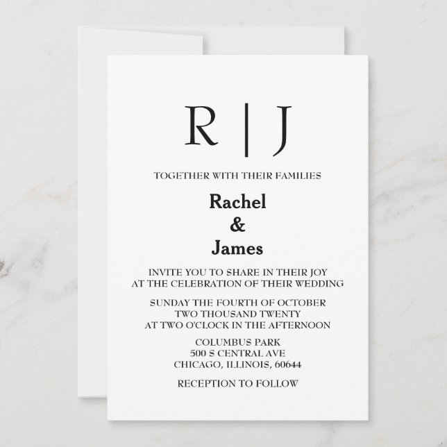 Black White Monograms Elegant Minimal Wedding Invitation (Front)
