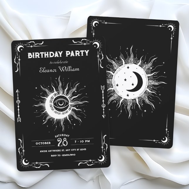 Black white moon sun tarot celestial birthday invitation (Creator Uploaded)