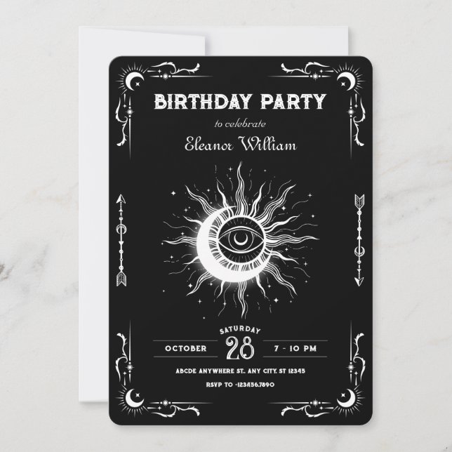 Black white moon sun tarot celestial birthday invitation (Front)