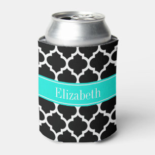 Black White Moroccan #5 Brt Aqua Name Monogram Can Cooler
