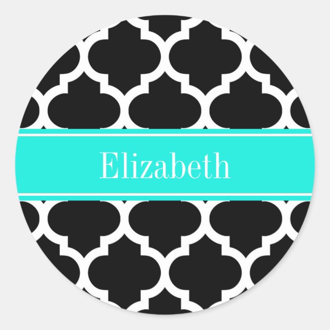 Black White Moroccan #5 Brt Aqua Name Monogram Classic Round Sticker (Front)