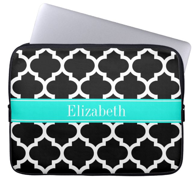 Black White Moroccan #5 Brt Aqua Name Monogram Laptop Sleeve (Front)