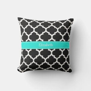 Black White Moroccan #5 Brt Aqua Name Monogram Outdoor Cushion