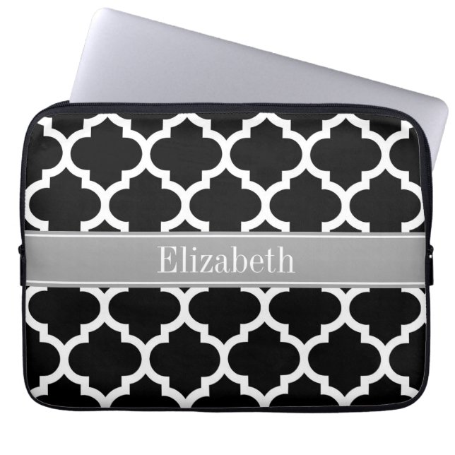 Black White Moroccan #5 Dark Grey Name Monogram Laptop Sleeve (Front)