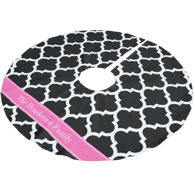 Black White Moroccan #5 Hot Pink #2 Name Monogram Brushed Polyester Tree Skirt (Angled)