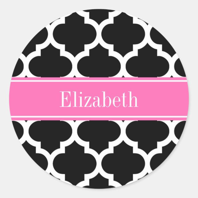 Black White Moroccan #5 Hot Pink #2 Name Monogram Classic Round Sticker (Front)