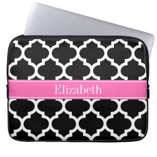 Black White Moroccan #5 Hot Pink #2 Name Monogram Laptop Sleeve
