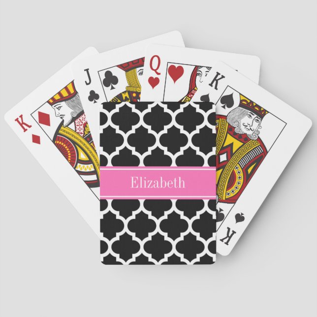 Black White Moroccan #5 Hot Pink #2 Name Monogram Playing Cards (Back)