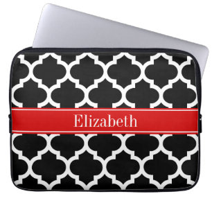Black White Moroccan #5 Red Name Monogram Laptop Sleeve