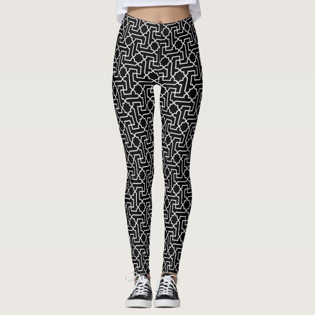 Black & White Moroccan Mosaic Pattern  Leggings (Front)