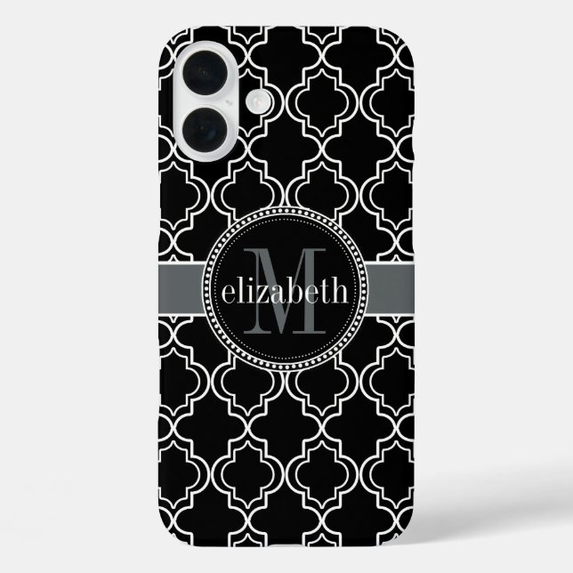 Black White Moroccan Quatrefoil Monogram Case-Mate iPhone Case (Back)