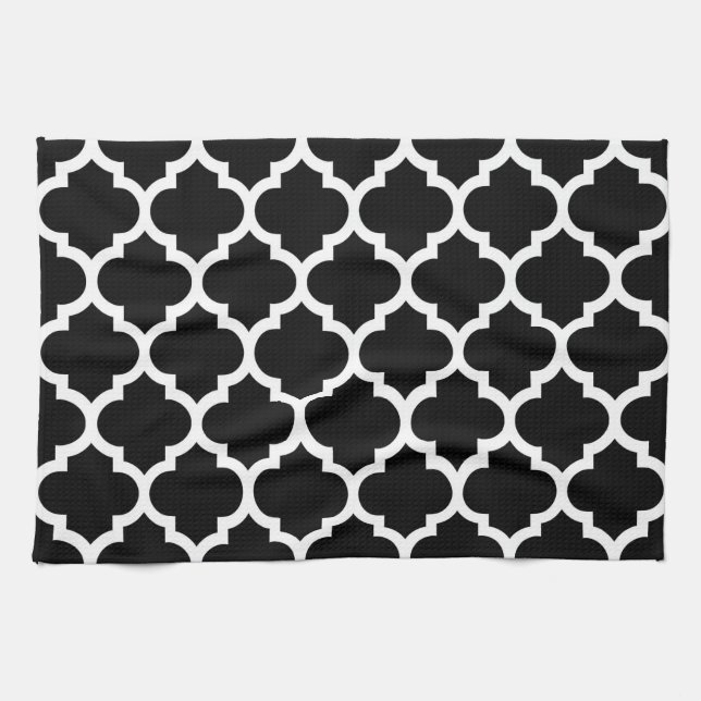 Black White Moroccan Quatrefoil Pattern #5 Tea Towel (Horizontal)