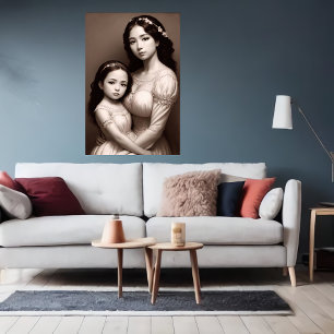 Black White Mother and daughter portrait   AI Art Poster