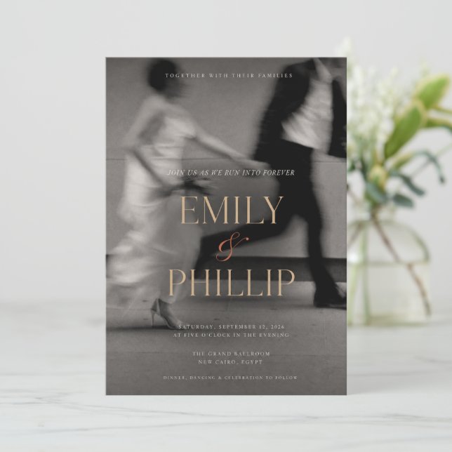 Black White Motion Blur Wedding Invitation (Standing Front)