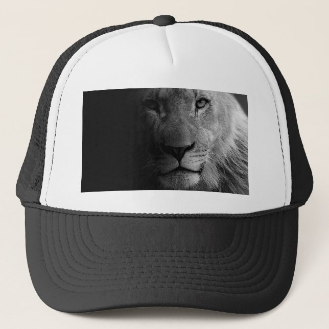 Black White Motivational Leadership Lion Portrait Trucker Hat (Front)