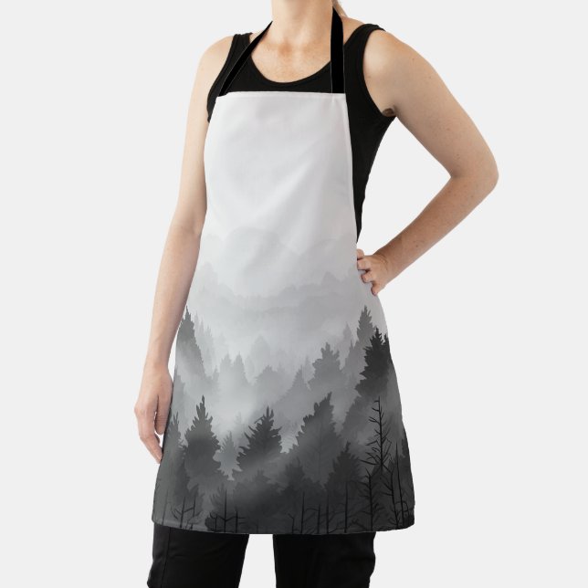 Black & White Mountain Forest Landscape Minimalist Apron (Insitu)