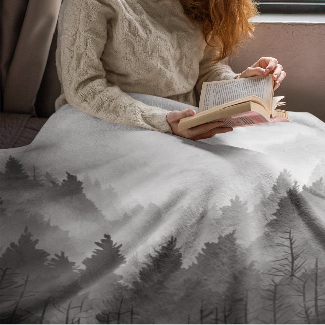 Black & White Mountain Forest Landscape Minimalist Fleece Blanket (Creator Uploaded)