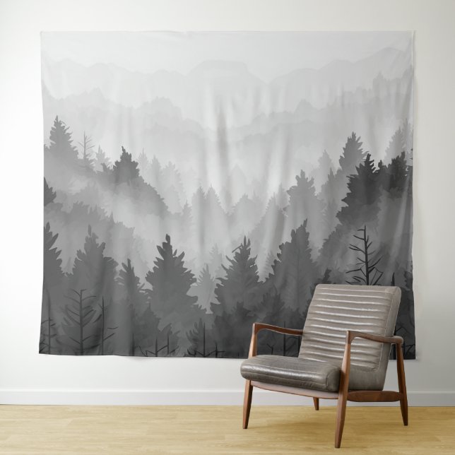 Black & White Mountain Forest Landscape Minimalist Tapestry (In Situ (Horizontal))