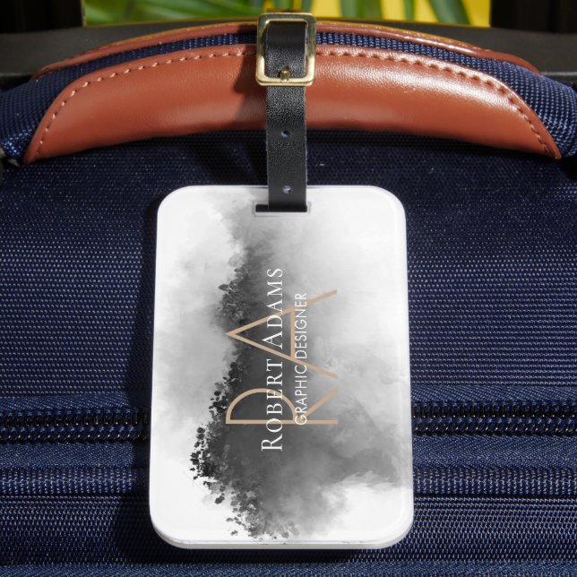 Black White Mountains Landscape Gold Monogrammed Luggage Tag (Front Insitu 2)