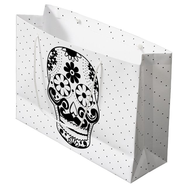 Black & White Moustache Sugar Skull Black Dots Large Gift Bag (Front Angled)