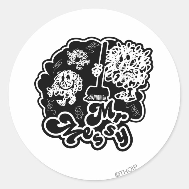 Black & White Mr. Messy Cleaning Classic Round Sticker (Front)
