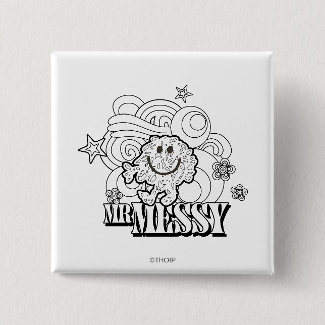 Black & White Mr. Messy | Stars & Swirls 15 Cm Square Badge (Front)