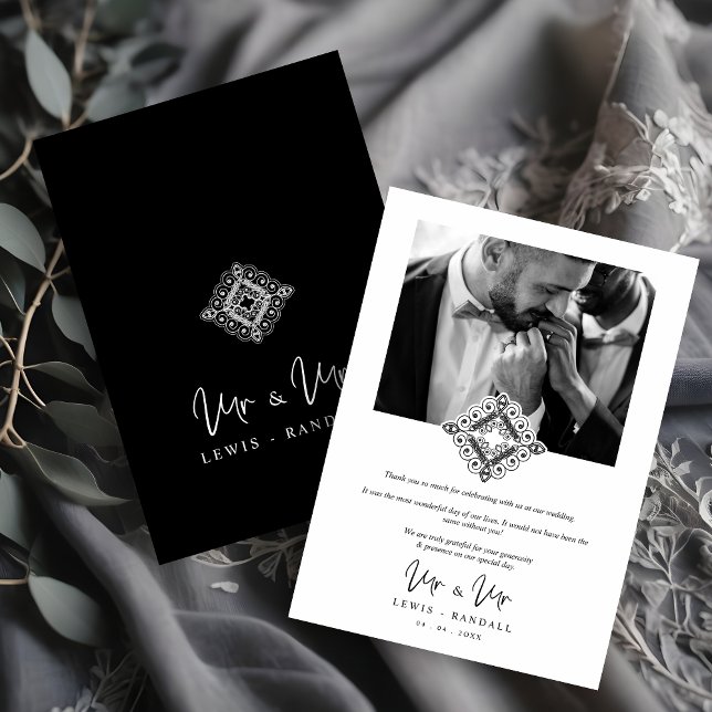 Black & White Mr & Mr Ornamental Flourish Photo Thank You Card (Black & White Mr & Mr Ornamental Flourish Photo Gay LGBT Wedding Thank You Card with Envelope.)
