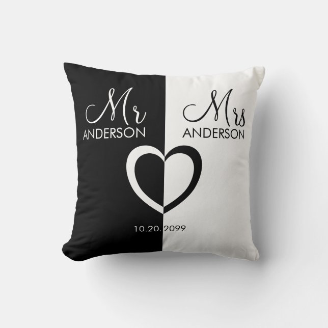 Black white Mr Mrs name heart wedding Cushion (Front)