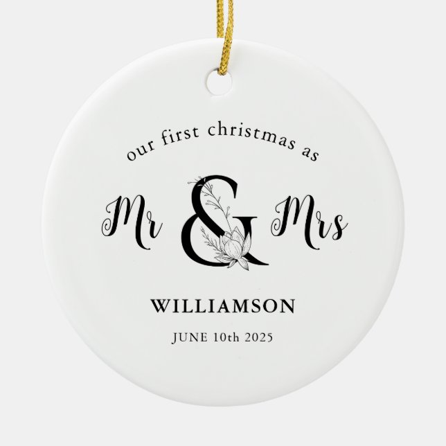 Black & white Mr & Mrs PHOTO 1st Christmas Ceramic Tree Decoration (Front)