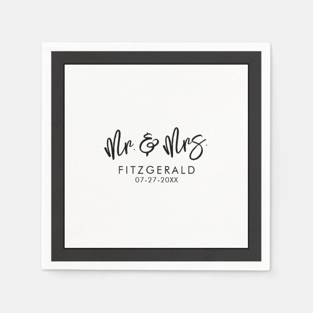 Black & White Mr & Mrs Wedding Reception Cocktail Napkin (Front)