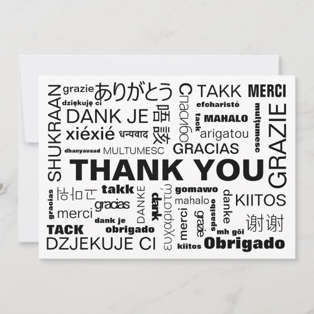 Black White MultilingualTypography Flat Thank You Card (Front)