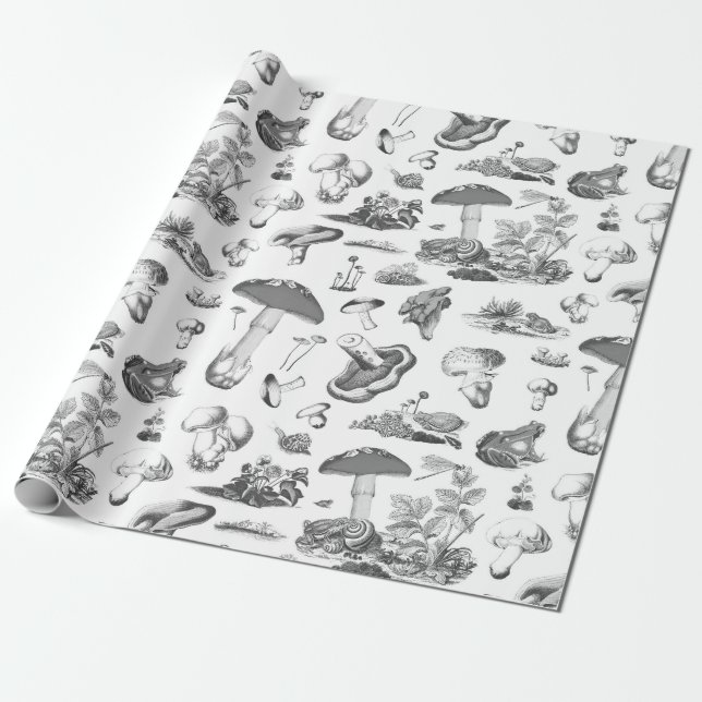 Black White Mushroom Frog Snail Forest Pattern Wrapping Paper (Unrolled)
