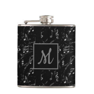 Black & White Music Notes Monogrammed Hip Flask