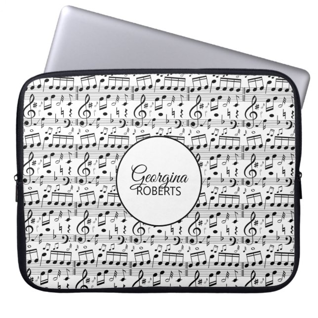 Black-White Music Notes Pattern and Customisation Laptop Sleeve (Front)