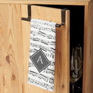 Black & white Musical Notes Custom Monogram Music Tea Towel